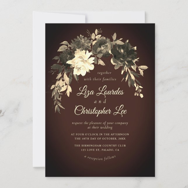 Elegant Dark Romantic Fall Floral Wedding Invitation (Front)
