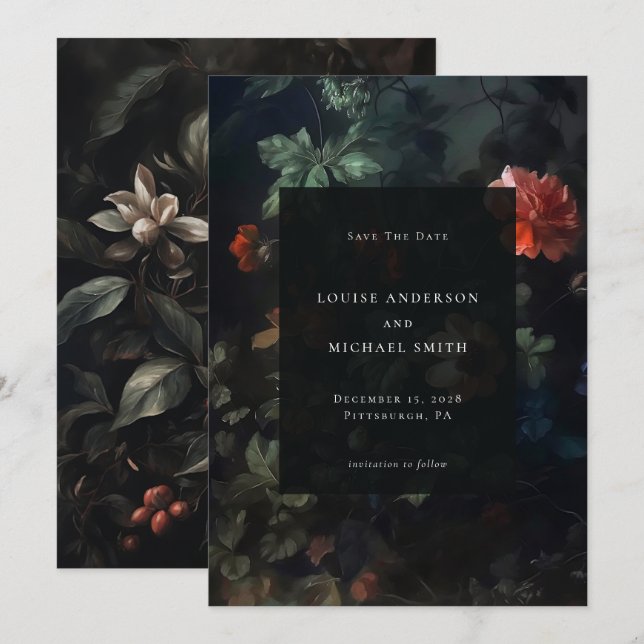 Elegant Dark Romantic Moody Floral Wedding Save The Date (Front/Back)