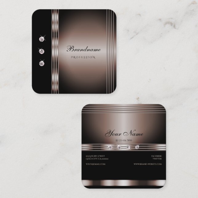 Elegant Dark Rose Gold and Black with Rhinestones  Square Business Card (Front/Back)