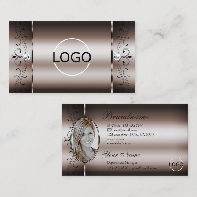 Elegant Dark Rose Gold Squiggled Jewels Logo Photo Business Card (Front/Back)