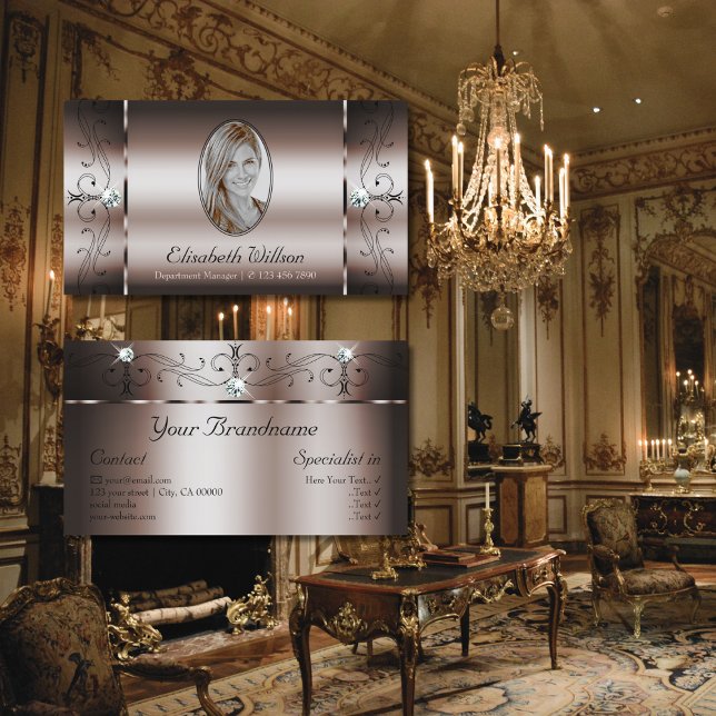 Elegant Dark Rose Gold Squiggled Jewels with Photo Business Card (Creator Uploaded)