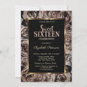 Elegant Dark Roses Black Sweet 16 Invitation