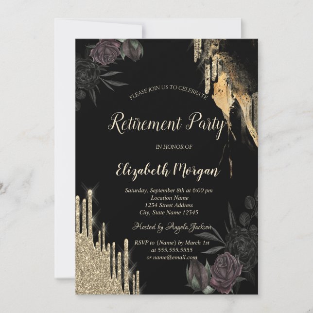 Elegant Dark Roses Glitter Drips Retirement  Invitation (Front)