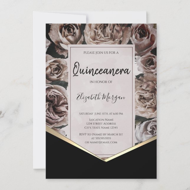 Elegant Dark Roses Quinceanera Invitation (Front)