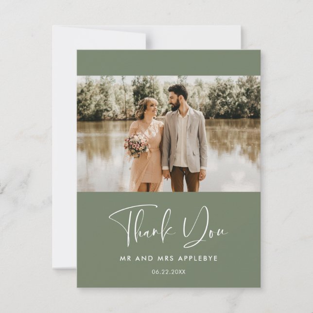 Elegant Dark sage green wedding photo Thank you (Front)