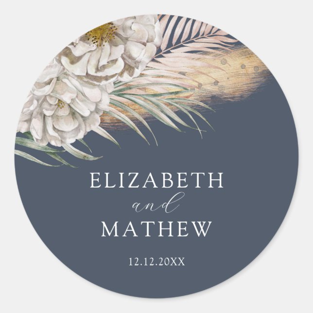 Elegant Dark Sage Pampas Grass Wedding Classic Round Sticker (Front)