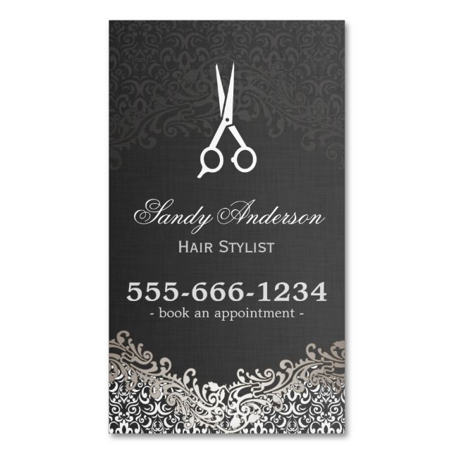 Elegant Dark Silver Damask Hair Salon Appointment Magnetic Business Card (Front Vertical)