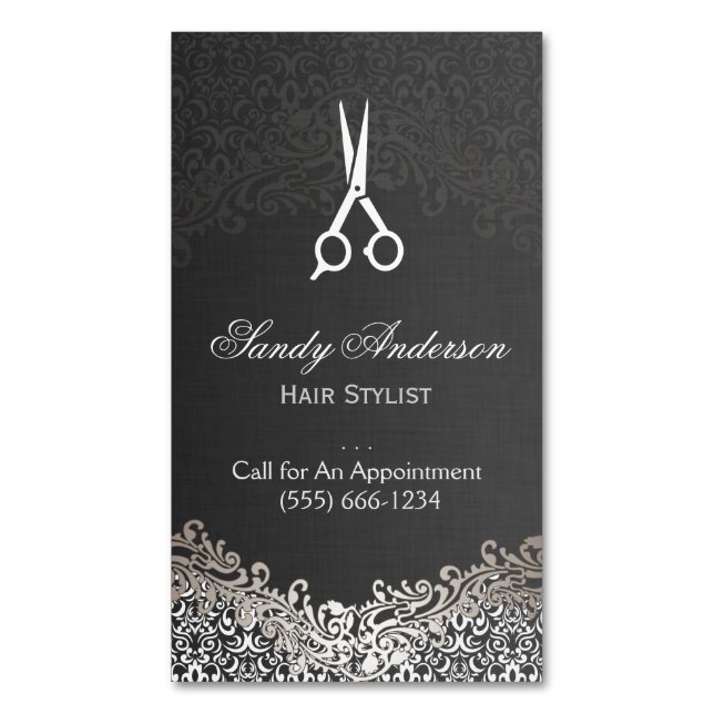 Elegant Dark Silver Damask - Hair Stylist Magnetic Business Card (Front Vertical)