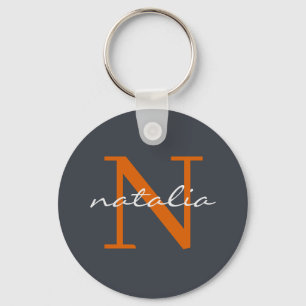 Elegant Dark Slate with Orange Monogrammed  Key Ring