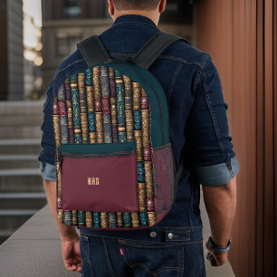 Elegant Dark Teal and Burgundy Gold Vintage Books Printed Backpack