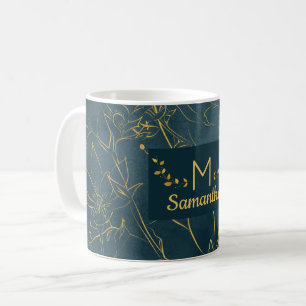 Elegant Dark Teal Blue & Gold Foil Floral Monogram Coffee Mug