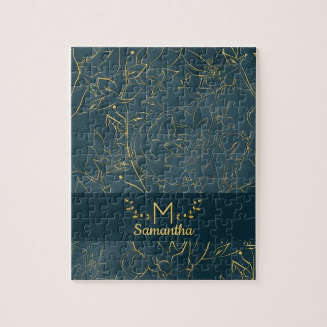 Elegant Dark Teal Blue & Gold Foil Floral Monogram Jigsaw Puzzle (Vertical)