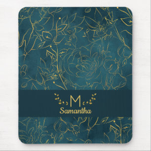 Elegant Dark Teal Blue & Gold Foil Floral Monogram Mouse Mat