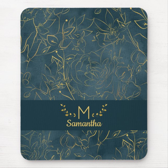 Elegant Dark Teal Blue & Gold Foil Floral Monogram Mouse Mat (Front)