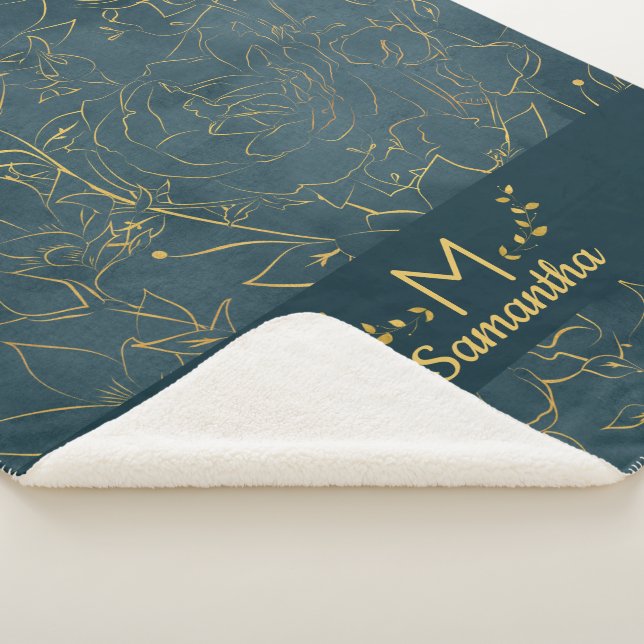 Elegant Dark Teal Blue & Gold Foil Floral Monogram Sherpa Blanket (3/4)