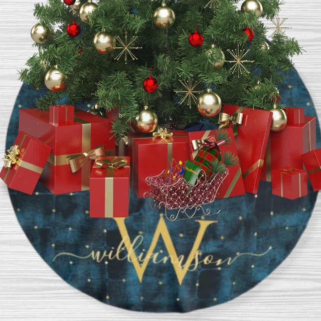 Elegant Dark Teal Blue Gold Monogrammed Velvet Brushed Polyester Tree Skirt (Creator Uploaded)