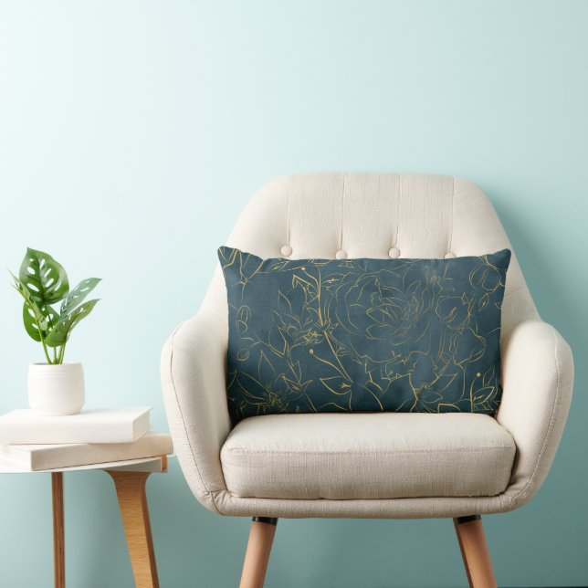 Elegant Dark Teal Blue Watercolor Gold Foil Floral Lumbar Cushion (Chair)
