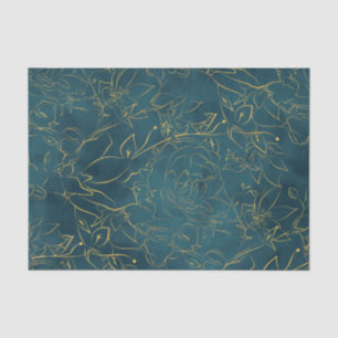 Elegant Dark Teal Blue Watercolor Gold Foil Floral Tissue Paper