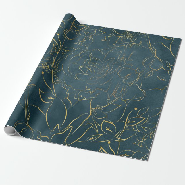Elegant Dark Teal Blue Watercolor Gold Foil Floral Wrapping Paper (Unrolled)