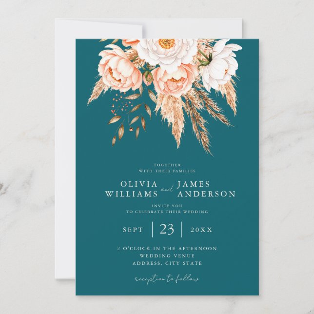 Elegant Dark Teal Boho Chic Fall Floral Wedding  Invitation (Front)