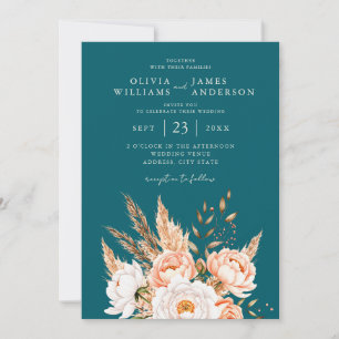 Elegant Dark Teal Boho Chic Fall Floral Wedding  Invitation