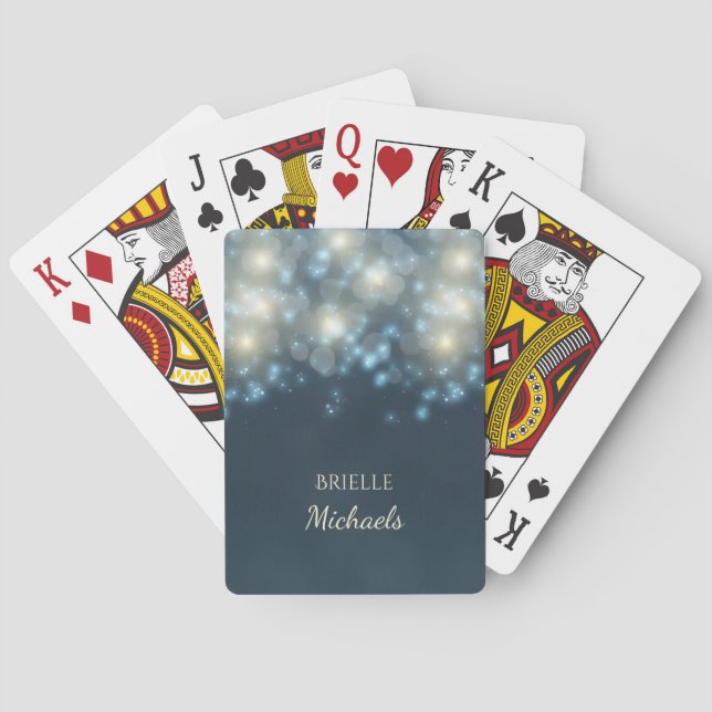 Elegant Dark Teal Bokeh Glamour Glow With Name Playing Cards (Back)
