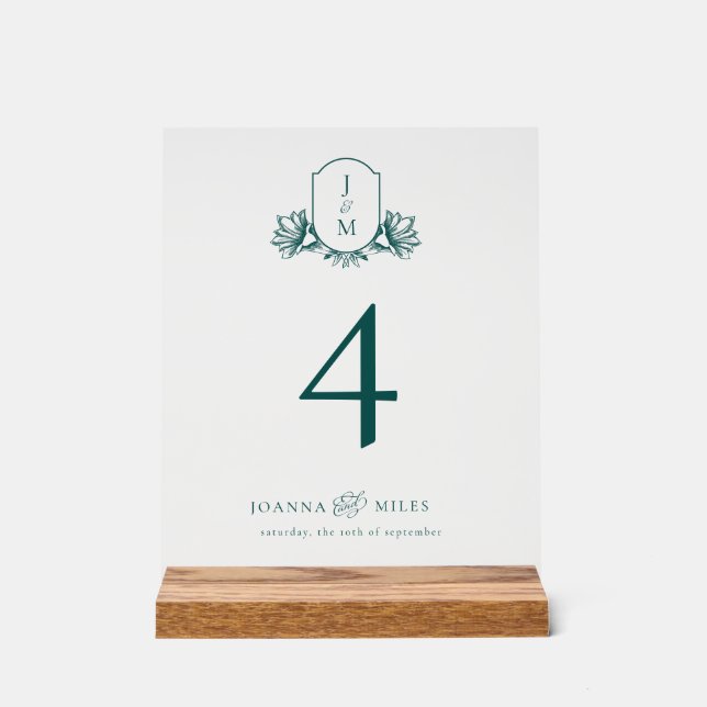 Elegant Dark Teal Botanical Monogram Crest Acrylic Sign (Front)