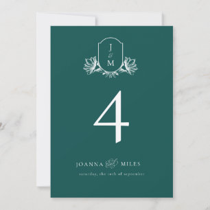 Elegant Dark Teal Botanical Monogram Crest Invitation