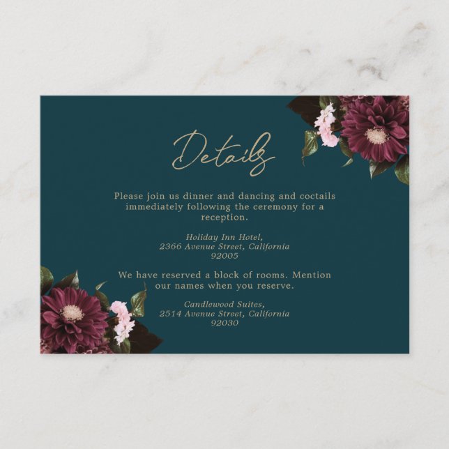 Elegant Dark Teal Burgundy Floral Wedding Enclosure Card (Front)
