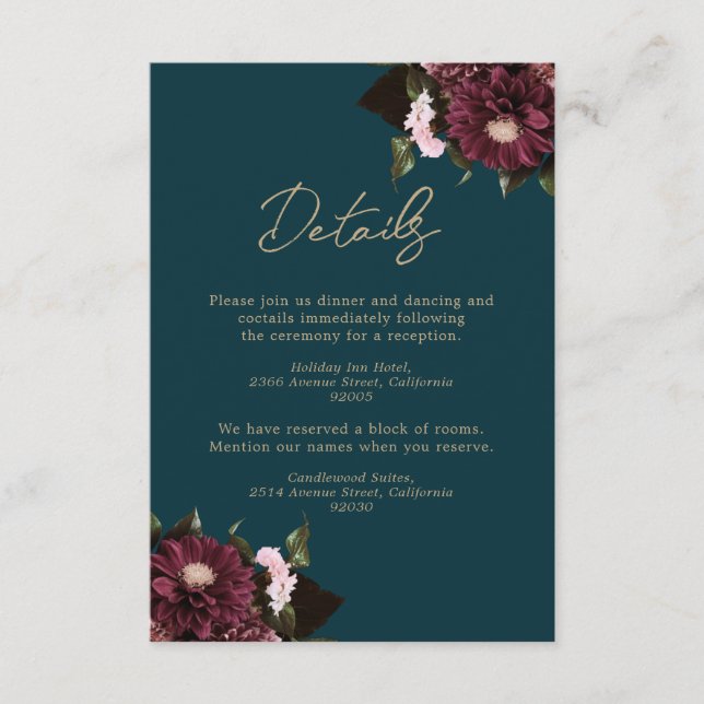 Elegant Dark Teal Burgundy Floral Wedding Enclosure Card (Front)