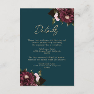 Elegant Dark Teal Burgundy Floral Wedding Enclosure Card