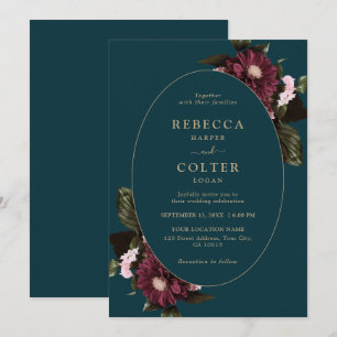 Elegant Dark Teal Burgundy Floral Wedding Invitation