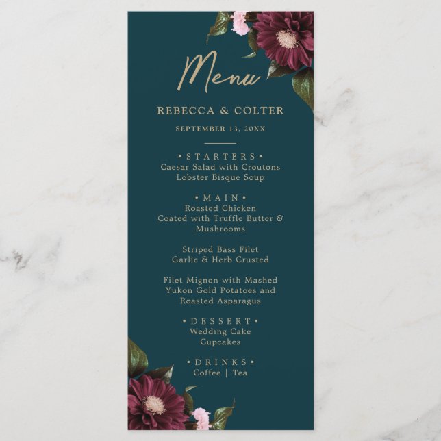 Elegant Dark Teal Burgundy Floral Wedding Menu (Front)