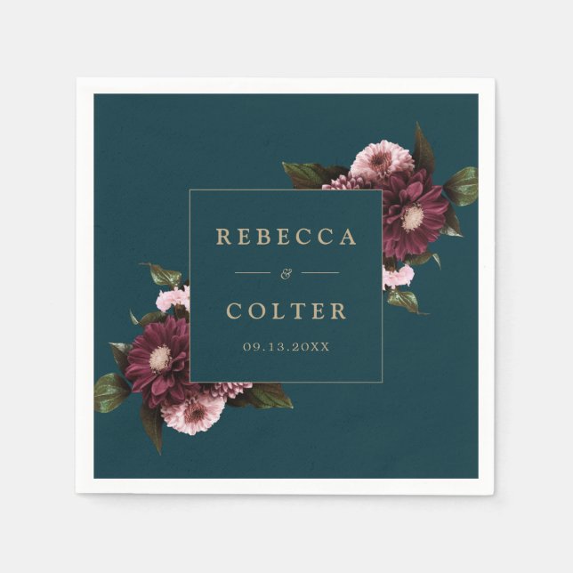 Elegant Dark Teal Burgundy Floral Wedding Napkin (Front)