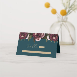 Elegant Dark Teal Burgundy Floral Wedding Place Card