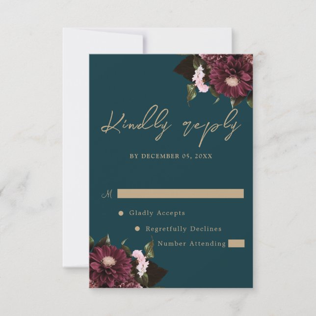 Elegant Dark Teal Burgundy Floral Wedding RSVP Card (Front)