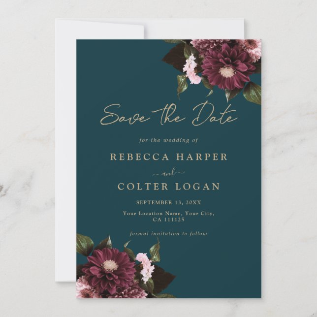 Elegant Dark Teal Burgundy Floral Wedding Save The Date (Front)