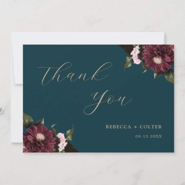 Elegant Dark Teal Burgundy Floral Wedding Thank You Card (Front)
