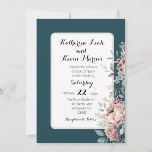 Elegant Dark Teal Dusty Rose Floral Invitation