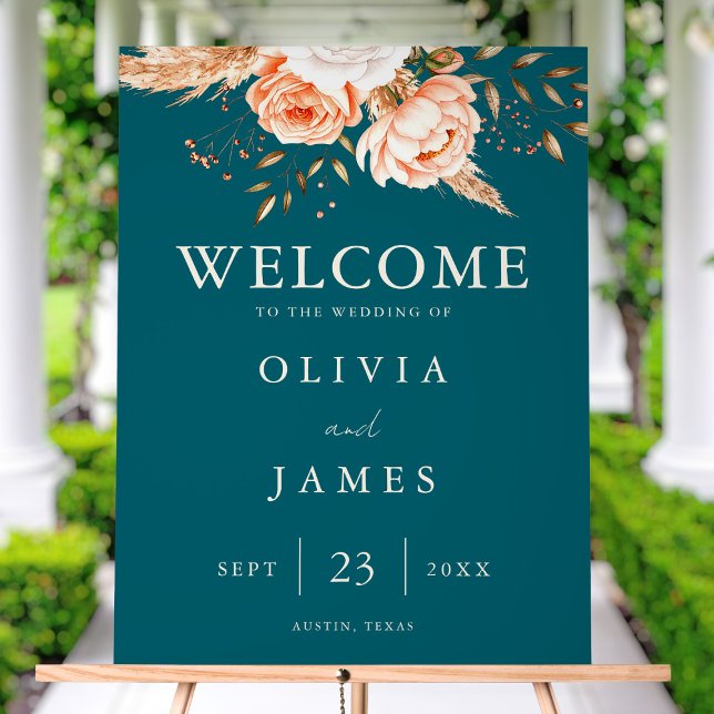 Elegant Dark Teal Fall Floral Wedding Welcome Acrylic Sign (Creator Uploaded)