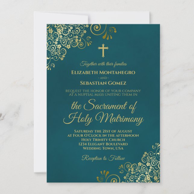 Elegant Dark Teal & Gold Modern Catholic Wedding Invitation (Front)