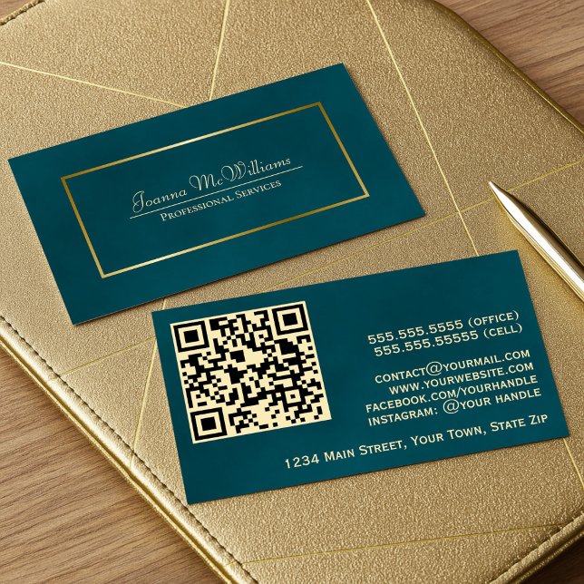 Elegant Dark Teal & Gold Professional QR Code Business Card (Front/Back)