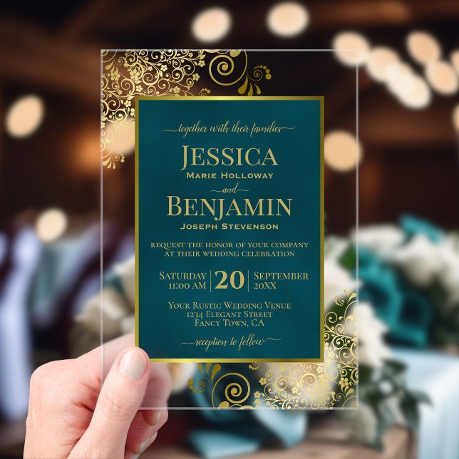 Elegant Dark Teal & Gold Stylish Text Glam Wedding Acrylic Invitations (Creator Uploaded)
