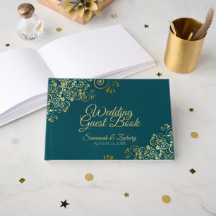 Elegant Dark Teal & Gold Stylish Wedding Guest Book