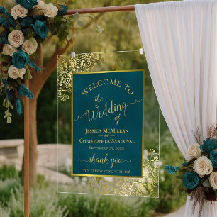 Elegant Dark Teal & Gold Wedding Welcome Acrylic Sign