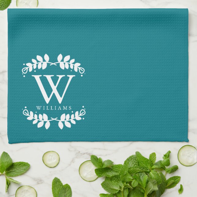 Elegant Dark Teal Monogram Tea Towel (Folded)