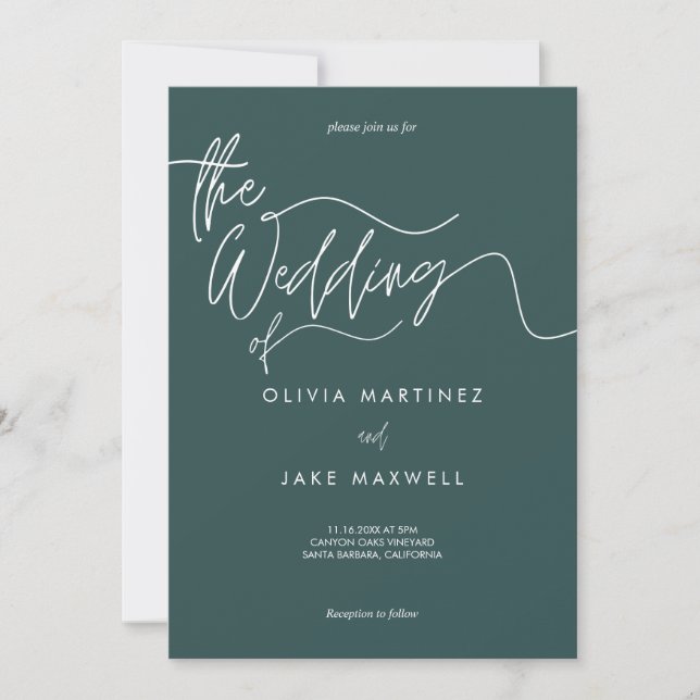 Elegant Dark Teal & White Modern Script Wedding  Invitation (Front)