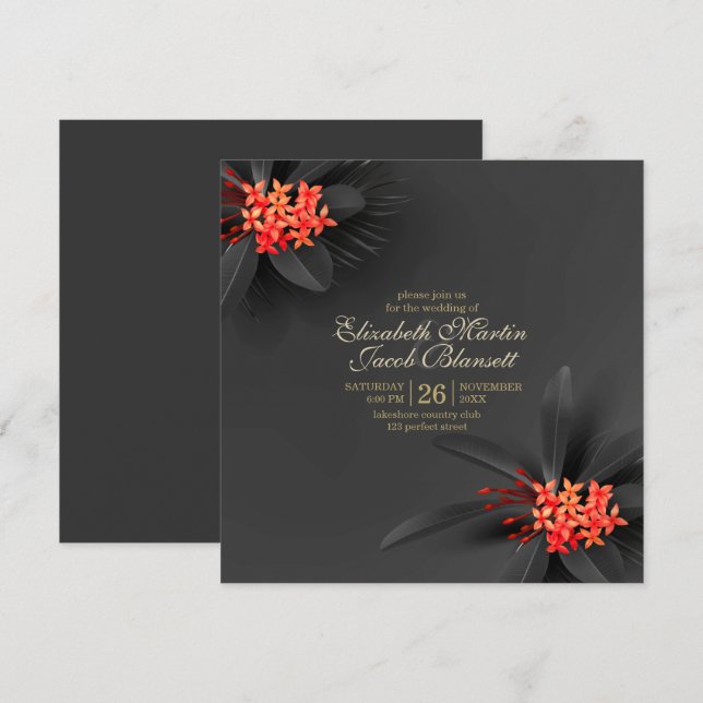 Elegant Dark Tropical Floral Wedding Invitation (Front/Back)