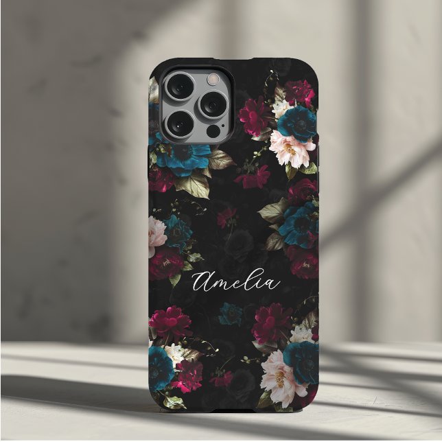 Elegant Dark Turquoise Red Floral Bloom Monogram Case-Mate iPhone Case (Creator Uploaded)