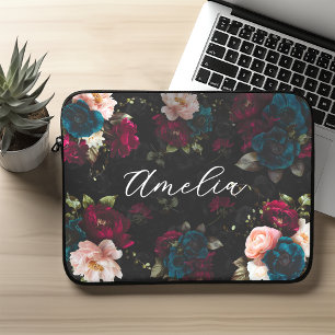 Elegant Dark Turquoise Red Floral Bloom Monogram Laptop Sleeve